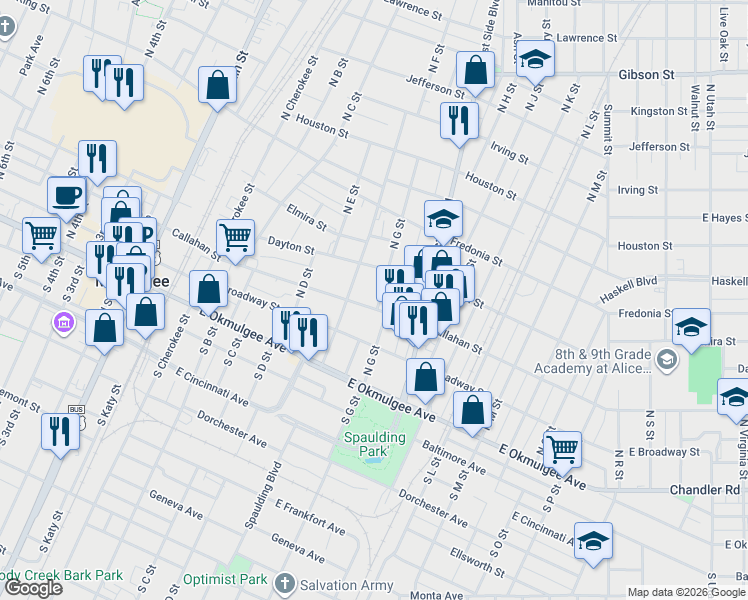 map of restaurants, bars, coffee shops, grocery stores, and more near 627 Callahan Street in Muskogee