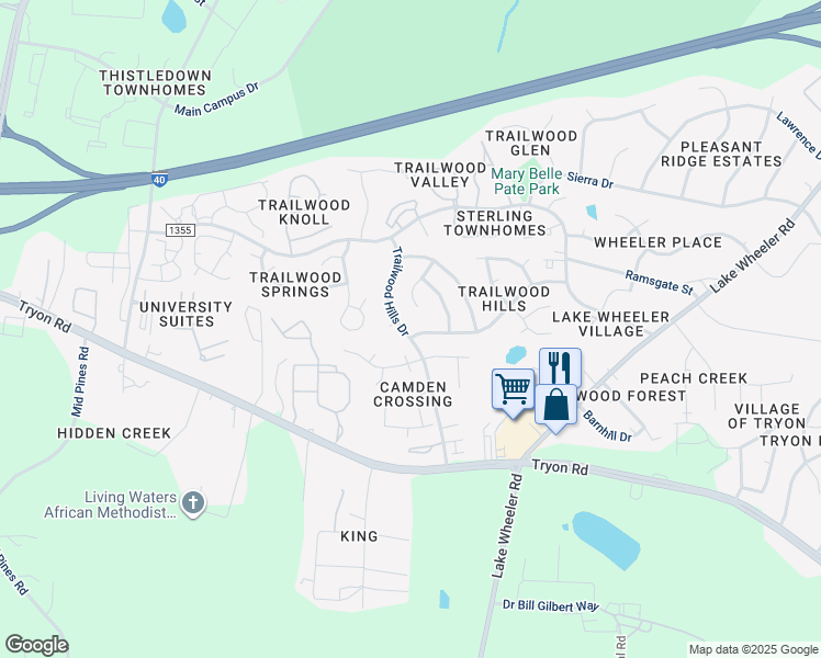 map of restaurants, bars, coffee shops, grocery stores, and more near 2453 Trailwood Hills Drive in Raleigh