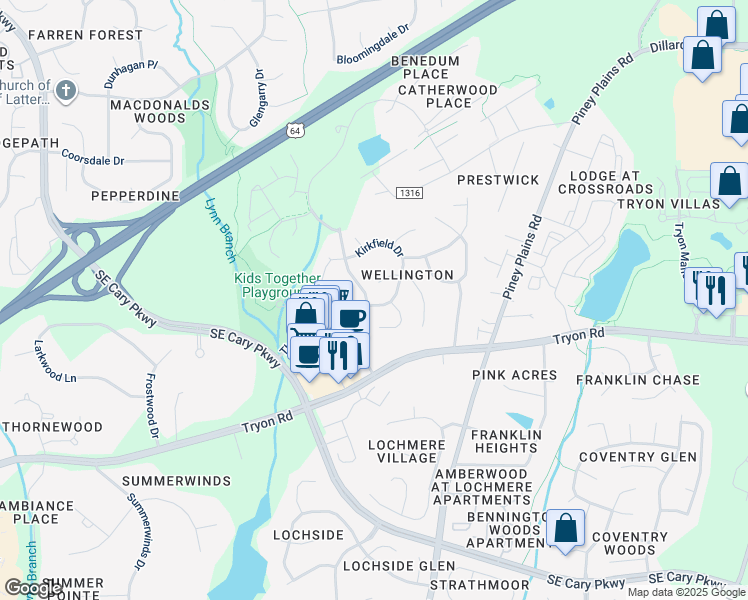 map of restaurants, bars, coffee shops, grocery stores, and more near 101 Kirkfield Drive in Cary