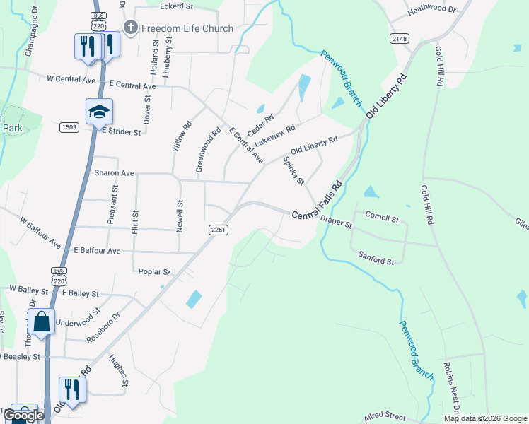 map of restaurants, bars, coffee shops, grocery stores, and more near 783 Oak Bend Drive in Asheboro
