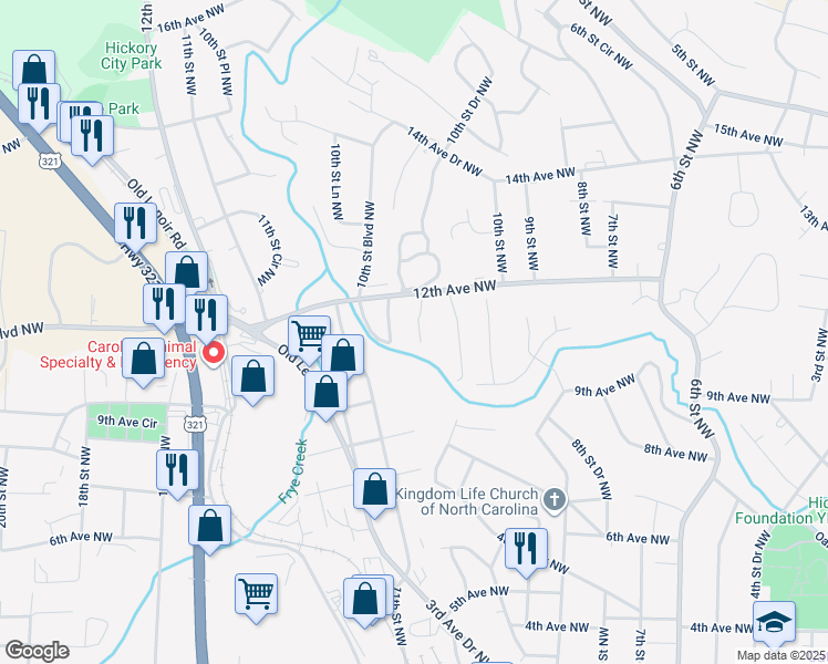 map of restaurants, bars, coffee shops, grocery stores, and more near 1043 12th Avenue Northwest in Hickory
