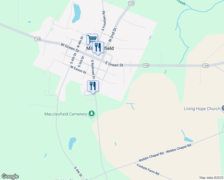 map of restaurants, bars, coffee shops, grocery stores, and more near 410 East Eason Street in Macclesfield
