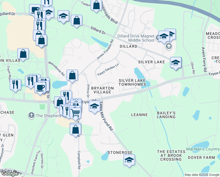 map of restaurants, bars, coffee shops, grocery stores, and more near 2605 Asher View Court in Raleigh