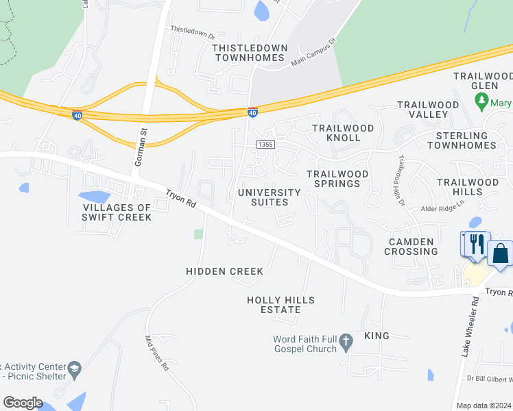 map of restaurants, bars, coffee shops, grocery stores, and more near 3402 Mangrove Sky Lane in Raleigh