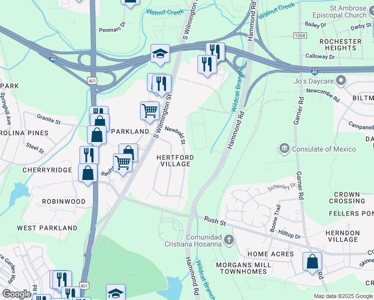 map of restaurants, bars, coffee shops, grocery stores, and more near 2619 Newbold Street in Raleigh