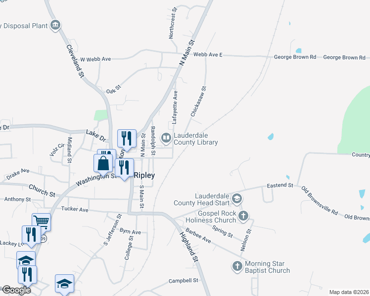 map of restaurants, bars, coffee shops, grocery stores, and more near 160 Chickasaw Street in Ripley