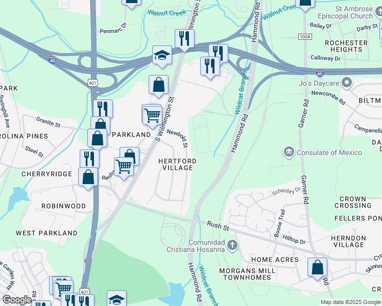 map of restaurants, bars, coffee shops, grocery stores, and more near 2619 Newbold Street in Raleigh