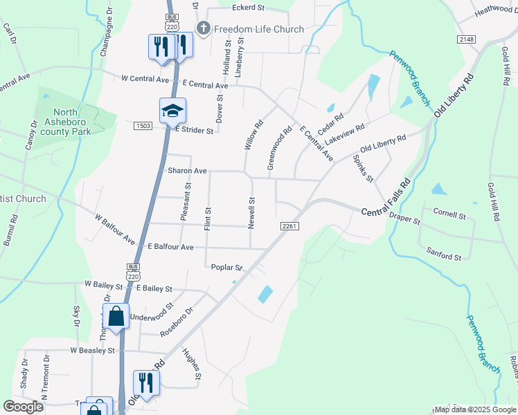 map of restaurants, bars, coffee shops, grocery stores, and more near 1814 Newell Street in Asheboro