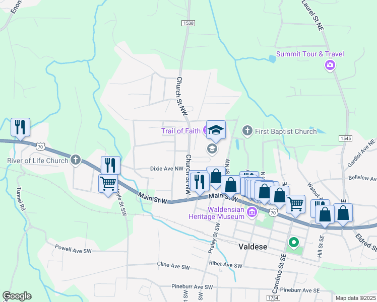 map of restaurants, bars, coffee shops, grocery stores, and more near 399 Church St NW in Valdese
