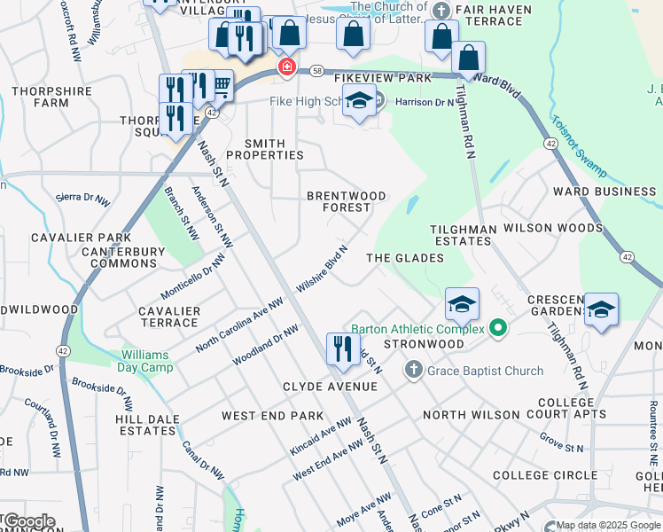 map of restaurants, bars, coffee shops, grocery stores, and more near 212 Wilshire Boulevard North in Wilson
