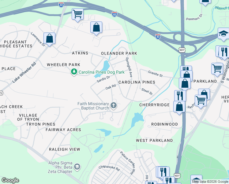 map of restaurants, bars, coffee shops, grocery stores, and more near in Raleigh