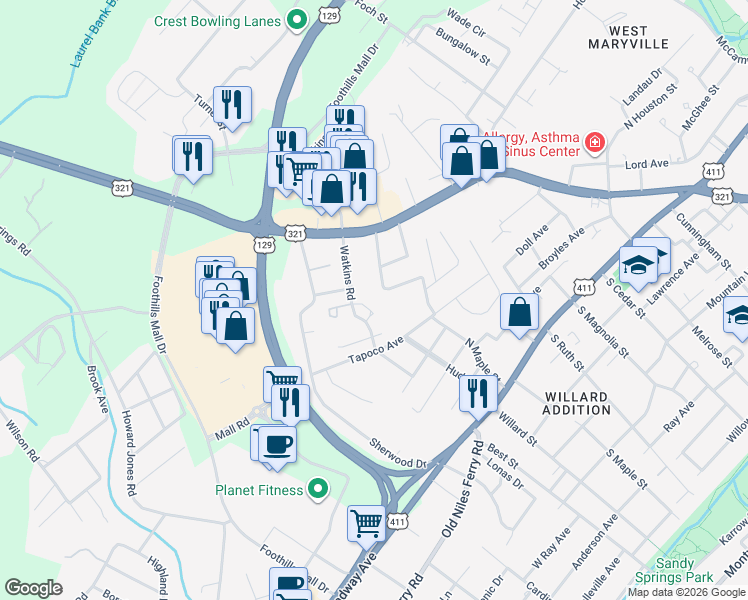 map of restaurants, bars, coffee shops, grocery stores, and more near 1141 View Drive in Maryville