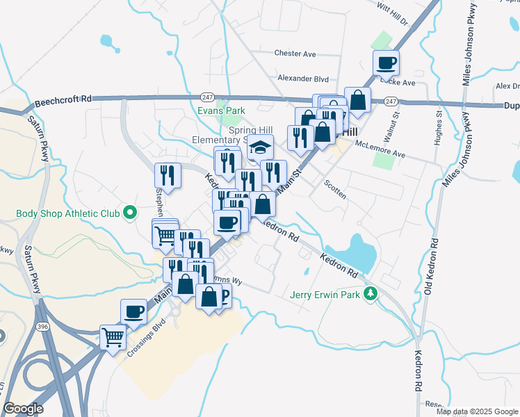 map of restaurants, bars, coffee shops, grocery stores, and more near U.S. Highway 31 in Spring Hill