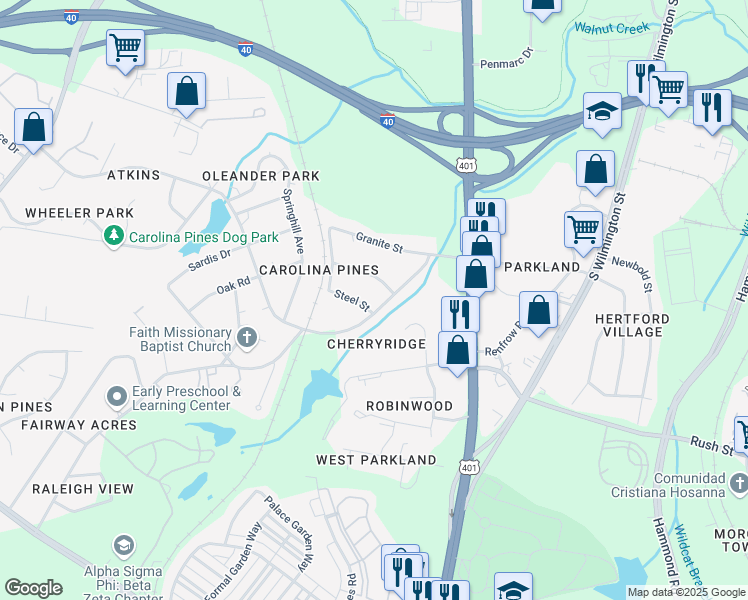 map of restaurants, bars, coffee shops, grocery stores, and more near 612 Carolina Pines Avenue in Raleigh