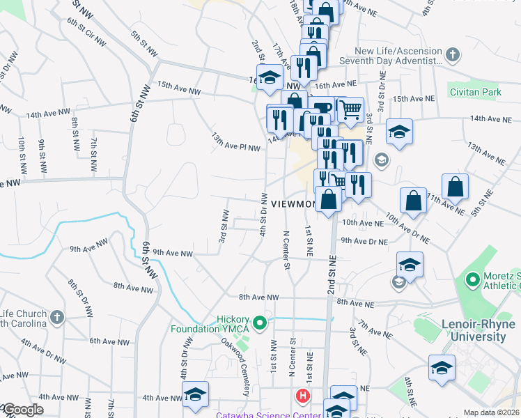 map of restaurants, bars, coffee shops, grocery stores, and more near 1203 4th Street Drive Northwest in Hickory