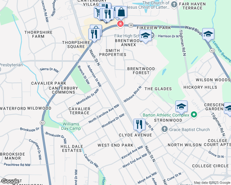 map of restaurants, bars, coffee shops, grocery stores, and more near 102 Brentwood Drive in Wilson