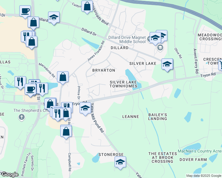 map of restaurants, bars, coffee shops, grocery stores, and more near 5400 Tryon Road in Raleigh