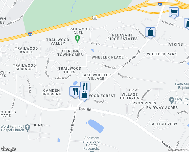 map of restaurants, bars, coffee shops, grocery stores, and more near 2420 Lake Wheeler Road in Raleigh