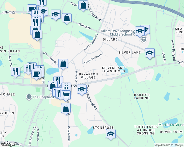 map of restaurants, bars, coffee shops, grocery stores, and more near 5520 Nur Lane in Raleigh