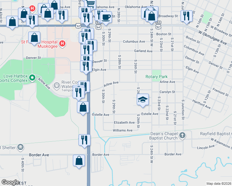 map of restaurants, bars, coffee shops, grocery stores, and more near 700 South 29th Street in Muskogee