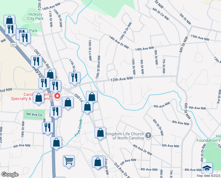 map of restaurants, bars, coffee shops, grocery stores, and more near 1043 12th Avenue Northwest in Hickory