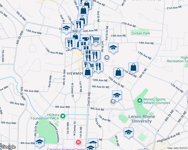 map of restaurants, bars, coffee shops, grocery stores, and more near in Hickory