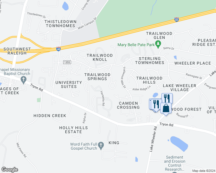 map of restaurants, bars, coffee shops, grocery stores, and more near 2120 Leadenhall Way in Raleigh
