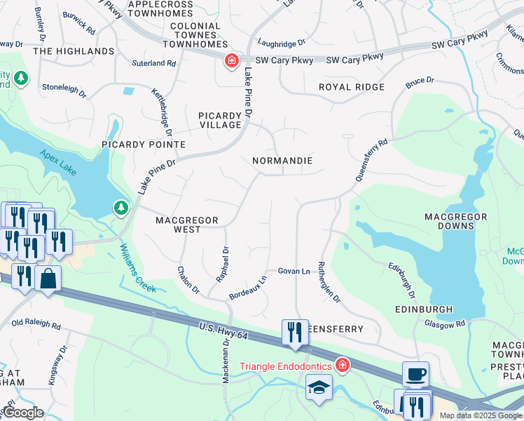 map of restaurants, bars, coffee shops, grocery stores, and more near 303 Bordeaux Lane in Cary
