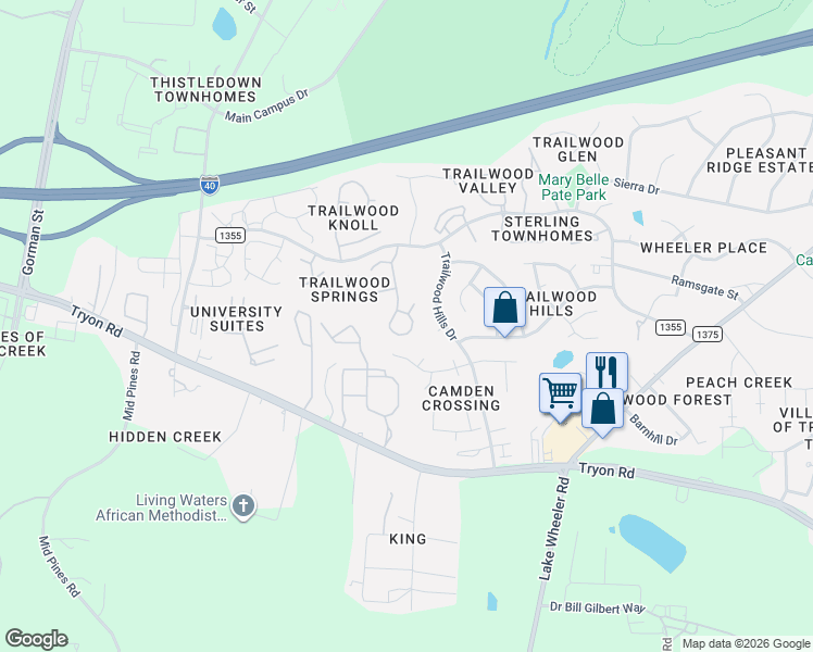 map of restaurants, bars, coffee shops, grocery stores, and more near 2228 Leadenhall Way in Raleigh