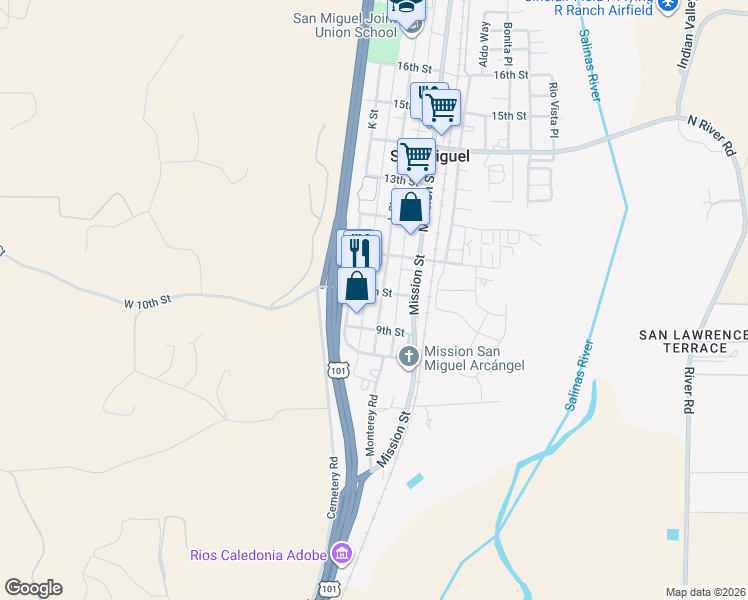 map of restaurants, bars, coffee shops, grocery stores, and more near 979 L Street in Paso Robles