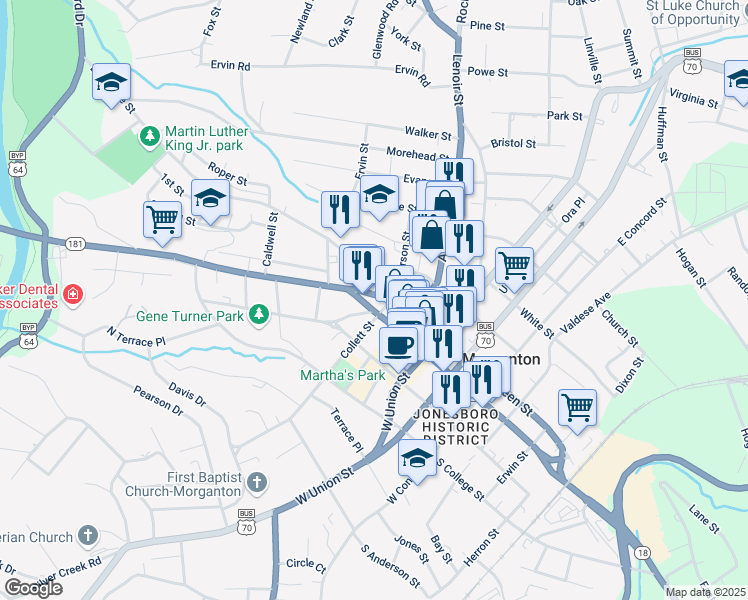 map of restaurants, bars, coffee shops, grocery stores, and more near 300 North Carolina 181 in Morganton