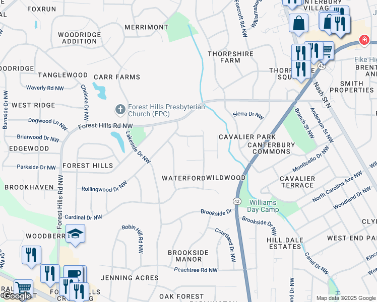 map of restaurants, bars, coffee shops, grocery stores, and more near 100 Dryden Place in Wilson