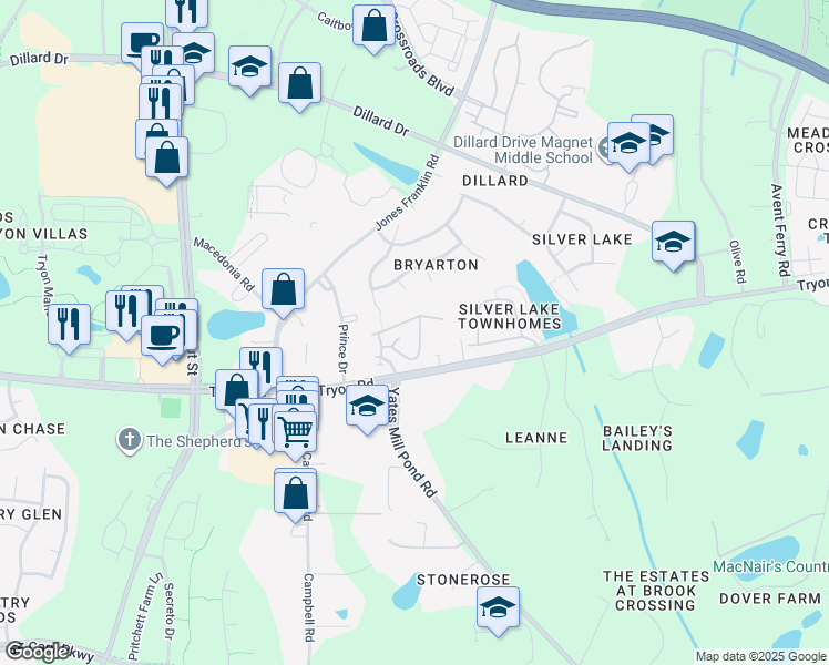 map of restaurants, bars, coffee shops, grocery stores, and more near 5520 Nur Lane in Raleigh