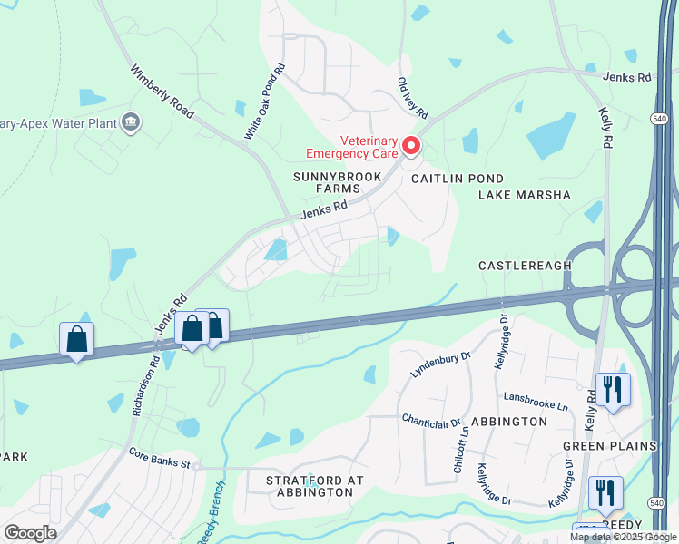 map of restaurants, bars, coffee shops, grocery stores, and more near 1705 Wimberly Road in Apex