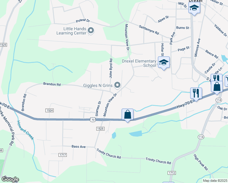 map of restaurants, bars, coffee shops, grocery stores, and more near 2270 John Byrd Road in Morganton