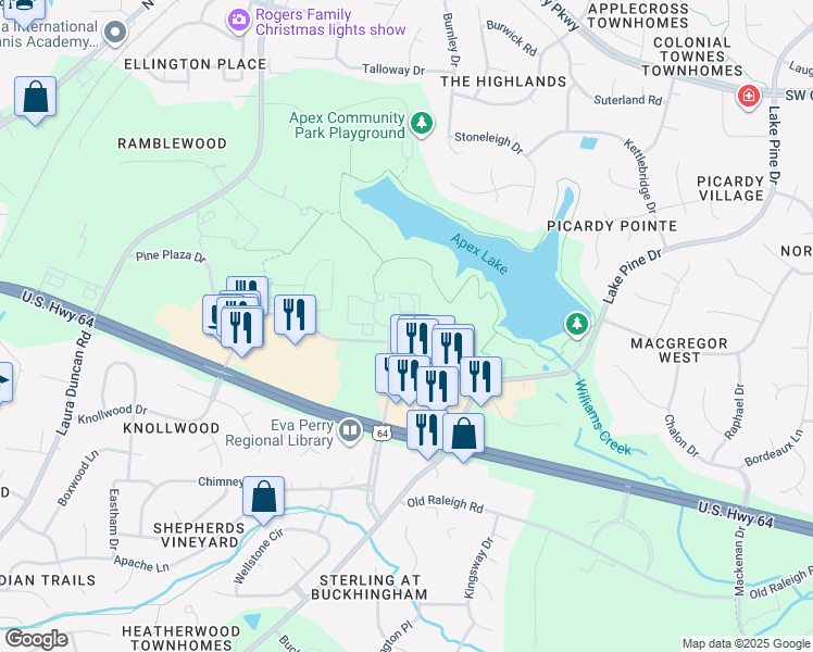 map of restaurants, bars, coffee shops, grocery stores, and more near 603 Park Summit Boulevard in Apex