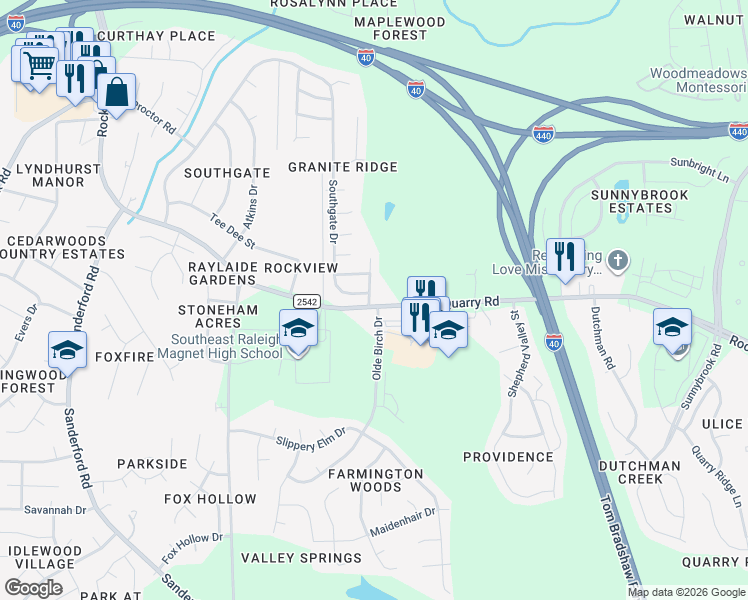 map of restaurants, bars, coffee shops, grocery stores, and more near 708 Southgate Drive in Raleigh