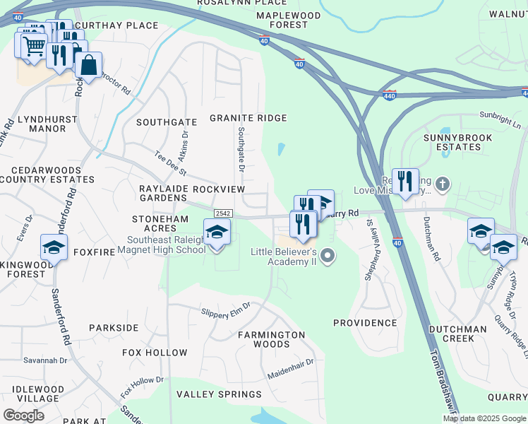 map of restaurants, bars, coffee shops, grocery stores, and more near 708 Southgate Drive in Raleigh