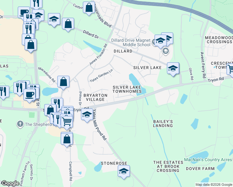 map of restaurants, bars, coffee shops, grocery stores, and more near 5408 Tryon Road in Raleigh