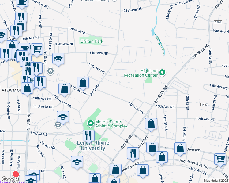 map of restaurants, bars, coffee shops, grocery stores, and more near 1260 5th St NE in Hickory