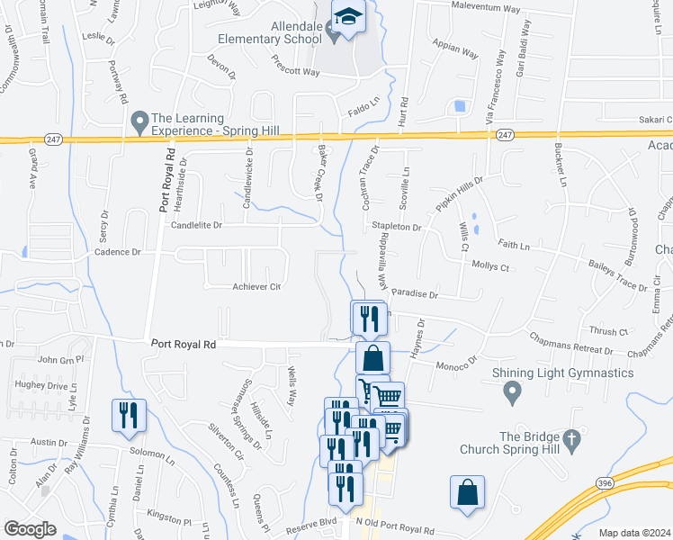 map of restaurants, bars, coffee shops, grocery stores, and more near Walden Creek Trace in Spring Hill