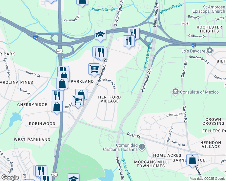 map of restaurants, bars, coffee shops, grocery stores, and more near 2612 Newbold Street in Raleigh