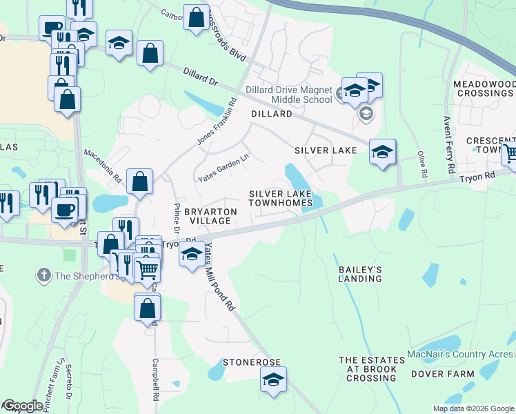 map of restaurants, bars, coffee shops, grocery stores, and more near 5408 Tryon Road in Raleigh