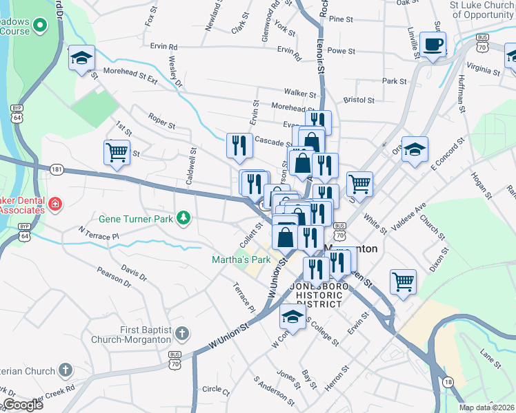 map of restaurants, bars, coffee shops, grocery stores, and more near 300 North Carolina 181 in Morganton