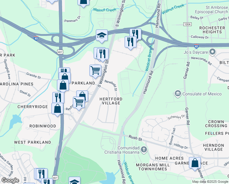 map of restaurants, bars, coffee shops, grocery stores, and more near 2612 Newbold Street in Raleigh