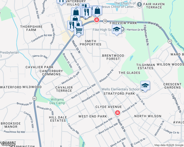 map of restaurants, bars, coffee shops, grocery stores, and more near 1730 Nash Street North in Wilson