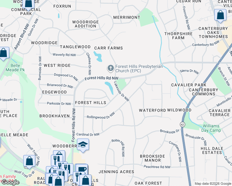 map of restaurants, bars, coffee shops, grocery stores, and more near 1503 Lakeside Drive Northwest in Wilson