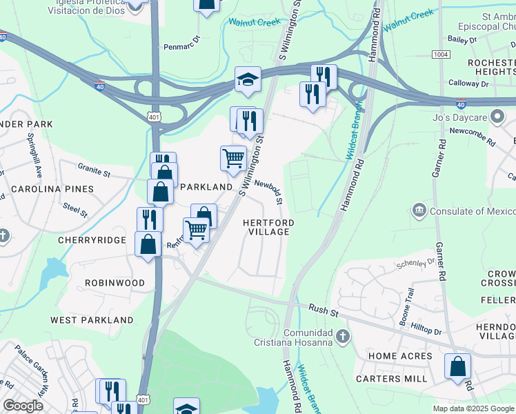 map of restaurants, bars, coffee shops, grocery stores, and more near 2616 Layden Street in Raleigh