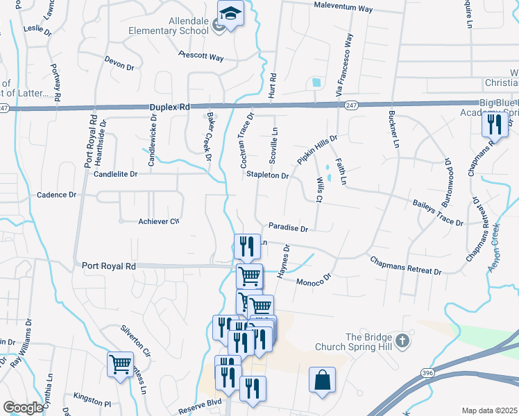 map of restaurants, bars, coffee shops, grocery stores, and more near 2828 Rippavilla Way in Spring Hill