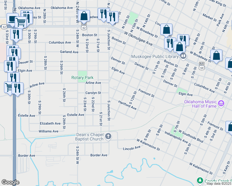 map of restaurants, bars, coffee shops, grocery stores, and more near 1324 Georgetown Avenue in Muskogee
